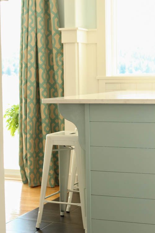 white kitchen with aqua blue planked peninsula, The Happy Housie on @Bekob