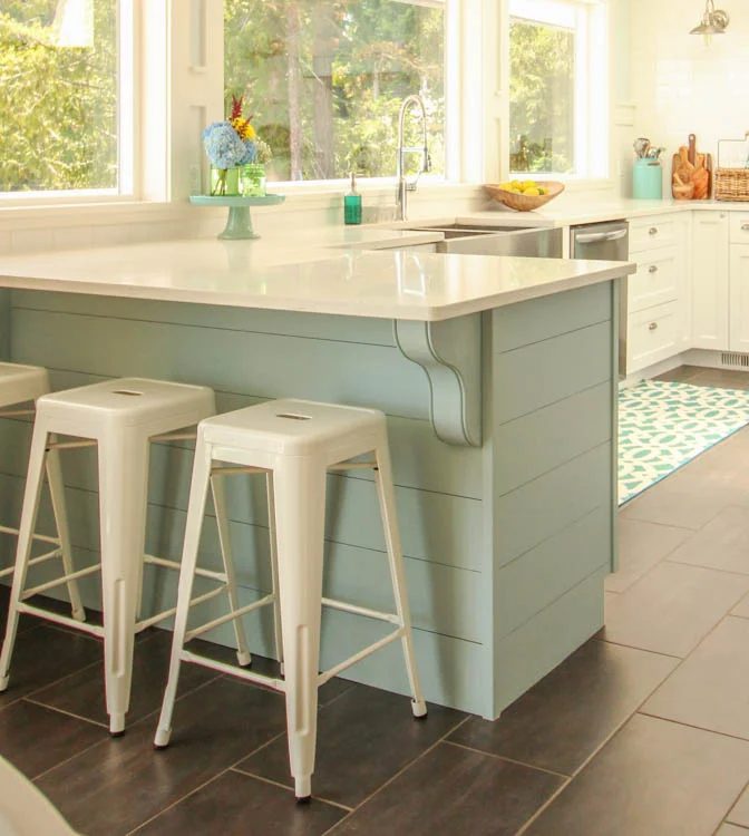 vivid coastal kitchen island makeover, with painted aqua planked penisula or island and corbels, The Happy Housie on @Bekob