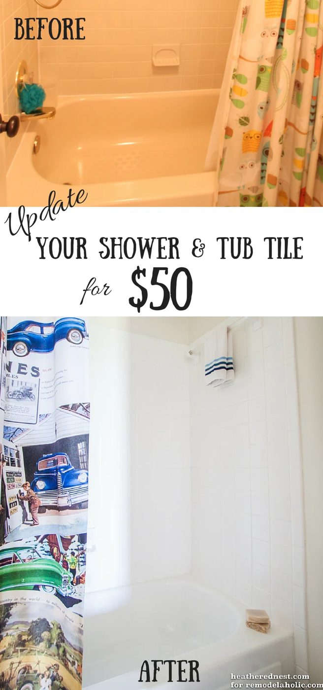 Handmade tub and tile reglazing project! Lighten and brighten your bath for about $50 in one weekend! Great way to update a tile shower surround.