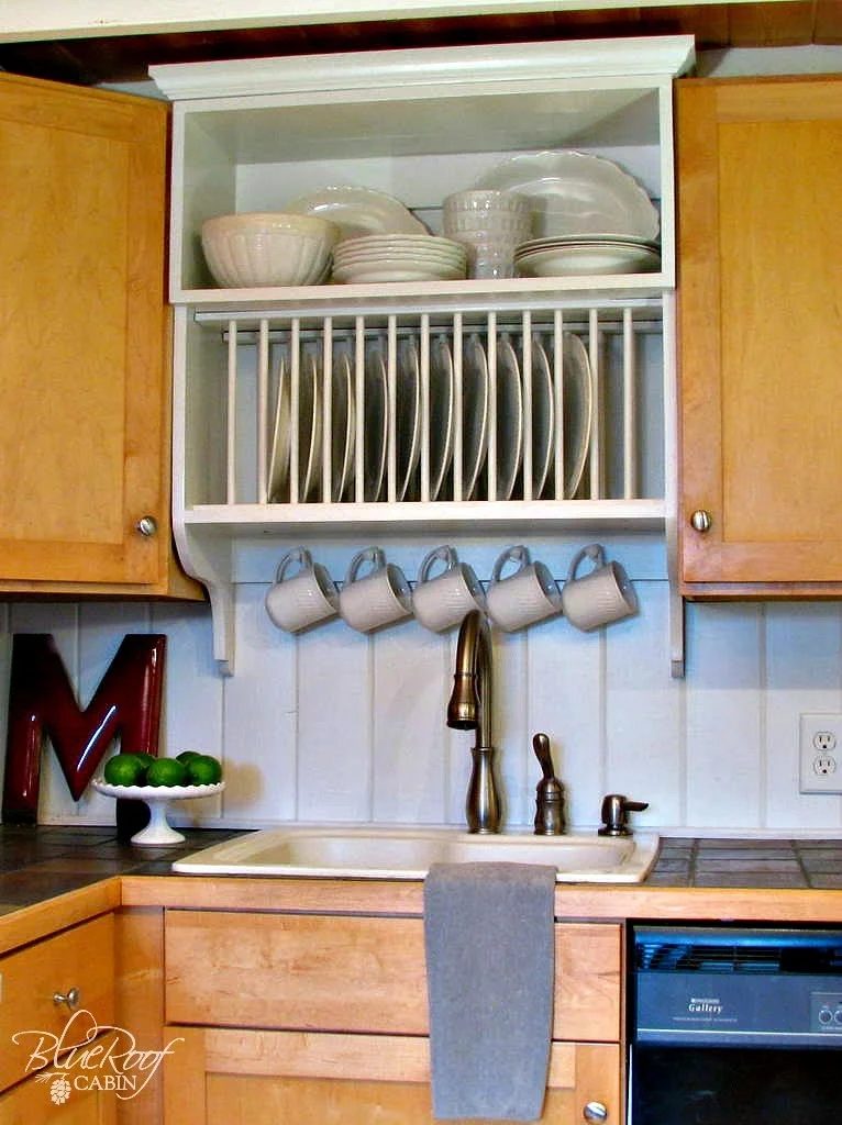 Upgrade Kitchen Cabinets: Build a Custom Plate Rack | Blue Roof Cabin featured on Bekob.com #upgradecabinets #buildergrade #buildit #platerack @Bekob