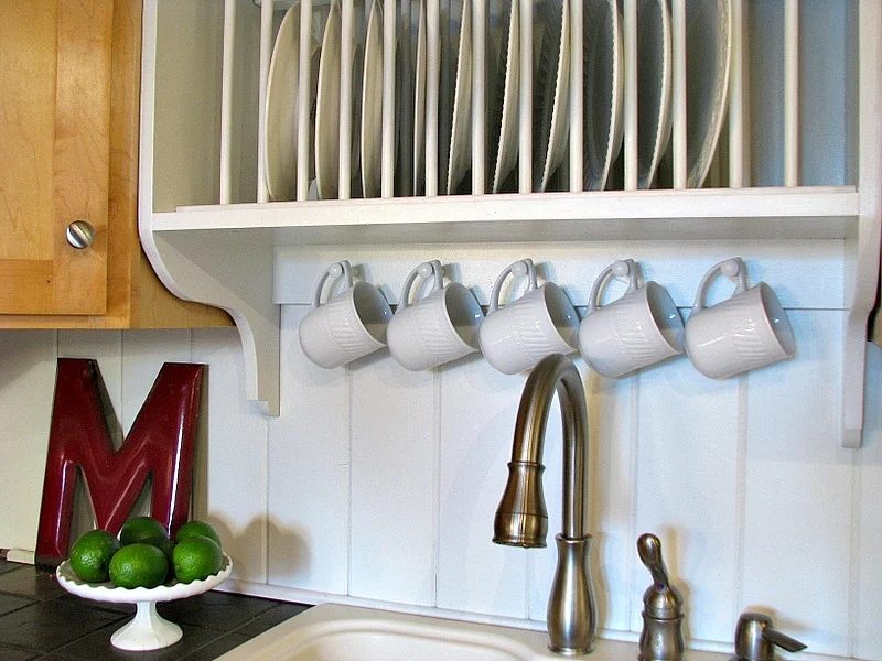 handmade plate rack cabinet with mug hooks and storage shelf