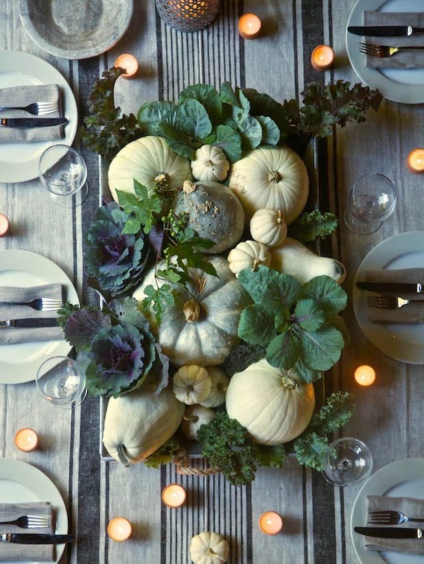 Pumpkins and greens centerpiece