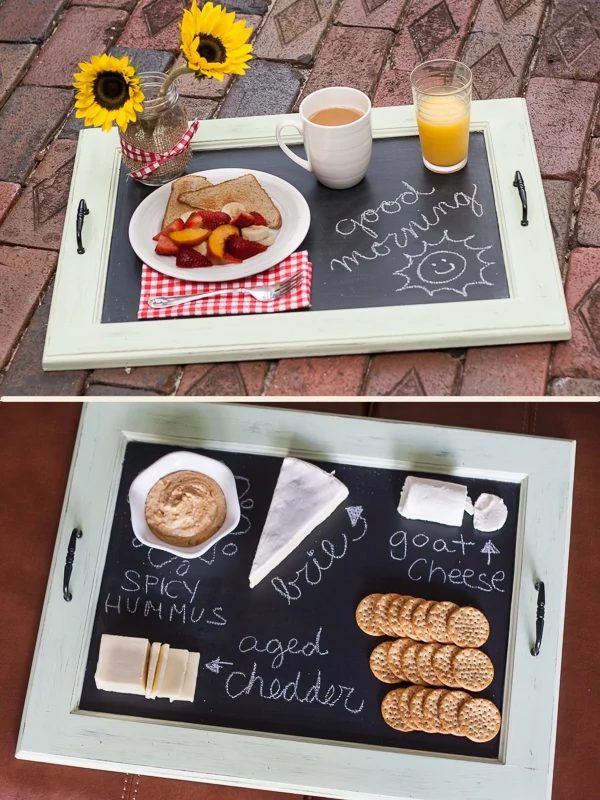upcycle an old cabinet door into a chalkboard serving tray So You Think You're Crafty