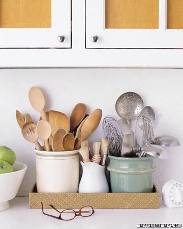 kitchen crocks for utensils organized in a tray, Martha Stewart