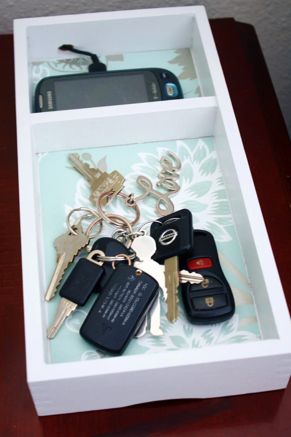 charging tray for a bedside table or drop zone I Heart Organizing