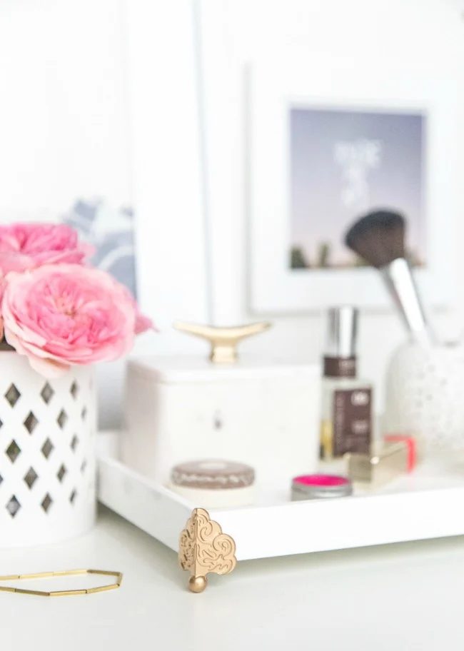 update a basic vanity tray with brass feet via Lulus Blog