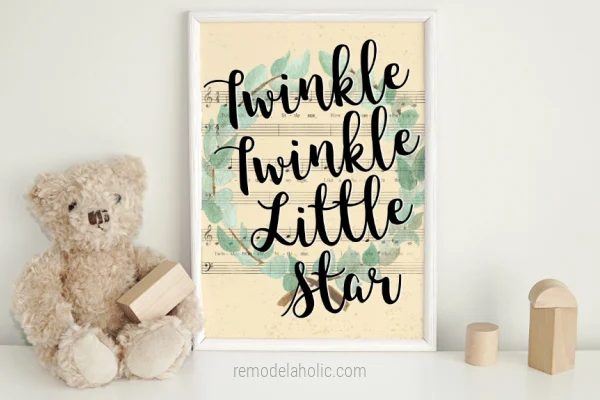 Twinkle Little Star Nursery Rhyme Song Lyrics Vintage Sheet Music Art Printable For Nursery, Bekob