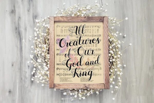 Printable Vintage Sheet Music Art, Easter Hymn With Floral Watercolor, All Creatures Of Our God And King, Bekob
