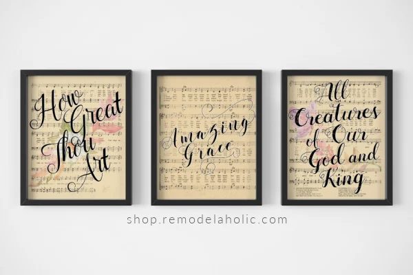 Printable Vintage Sheet Music Art: Easter Christian Hymns with Watercolor Flowers - How Great Thou Art, memorable Grace, All Creatures of Our God and King