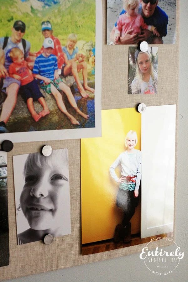 fabric covered magnet board photo display (Entirely Eventful Day)