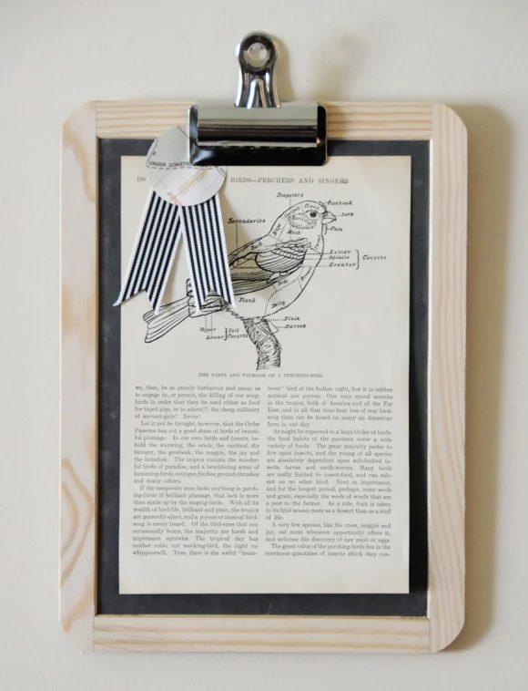 use a chalkboard slate as a frame for a photo, art print, or book page (Creature Comforts Blog)