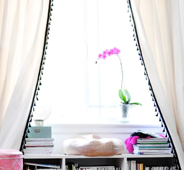 tassle fringe trim white curtains