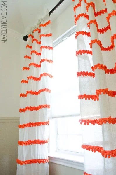 pom pom trim striped white curtains