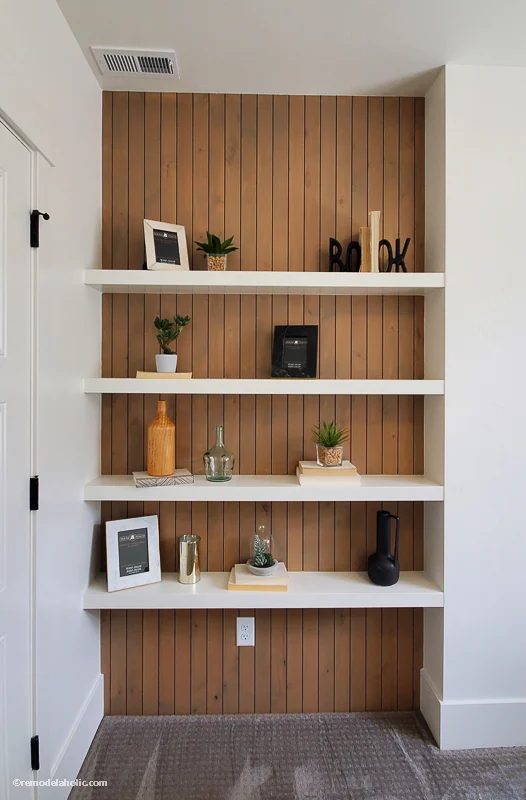 How to Decorate a Hallway: Floating Shelves and Vertical Plank Shiplap