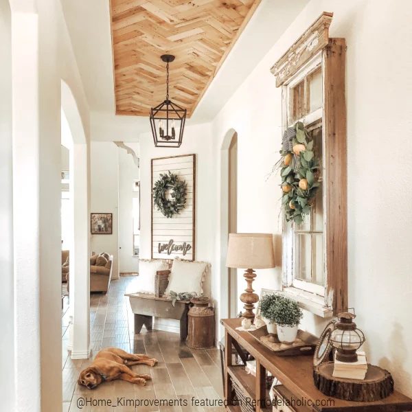 Modern Farmhouse Entry With Handmade Pallet Wood Ceiling For Inset Tray Ceiling, Home Kimprovements On Bekob (1)