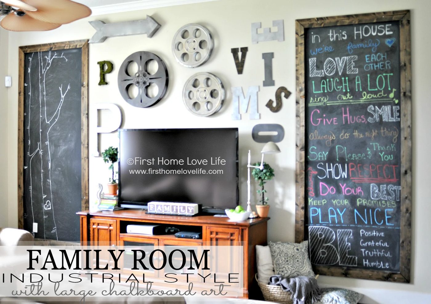 extra-large chalkboards and industrial gallery wall around television (First Home Love Life)