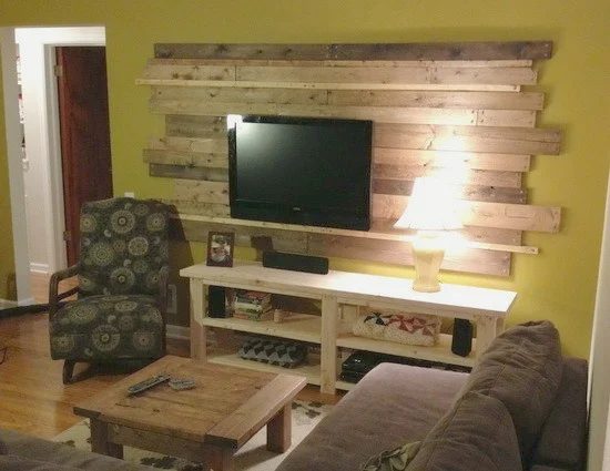 wood planked pallet accent wall behind the TV (Remove and Replace)