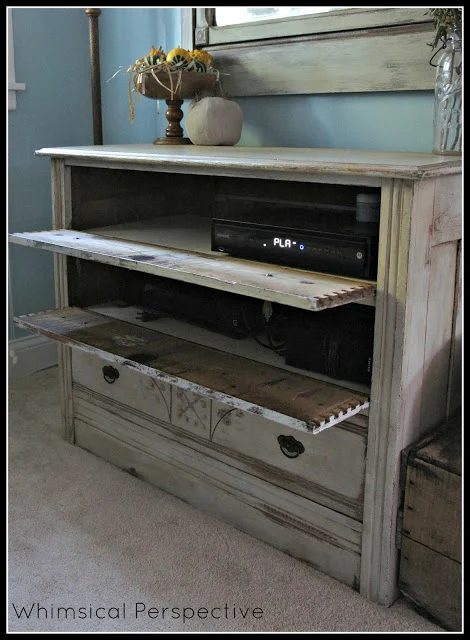 dresser media cabinet with hinged drawers to hide dvd player and electronics (Whimsical Perspective)