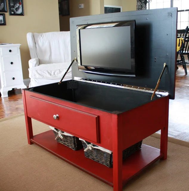 hide a television in a coffee table or bench (Just Laine)