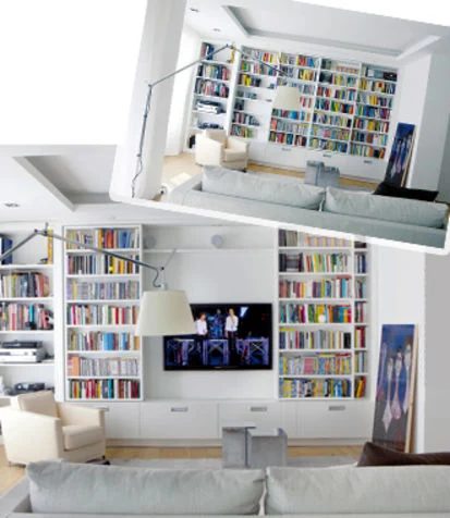 home library bookshelves hide the tv (via Donna Moderna)