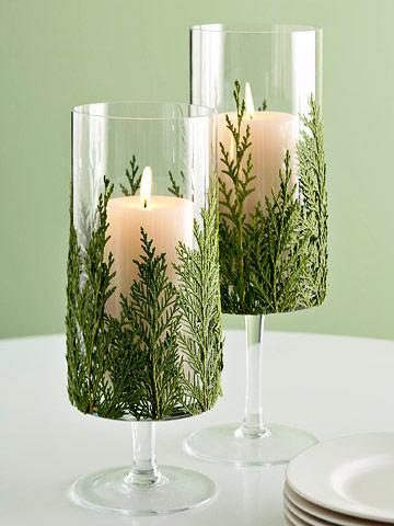 sprigs of evergreen fir as candleholders - Living the Country Life via @Bekob