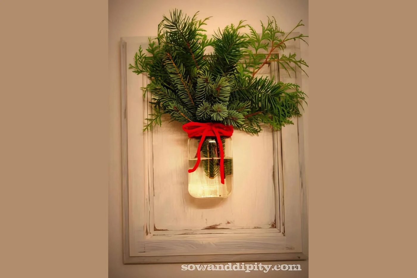 Mason Jar Wall Vase With Fresh Pine And Evergreen Boughs Sowanddipity Via @Bekob 033040