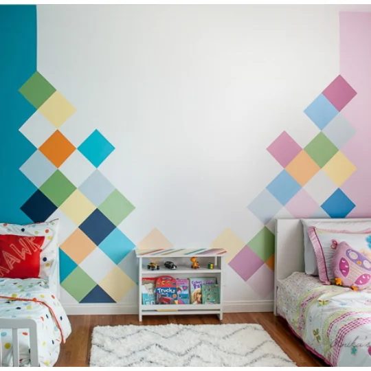 Kid Room options, Picture Of Bedroom Inspiration With Painted Wall In Blue And Pink Checked Hues