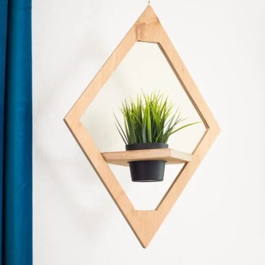Handmade West Elm Modern Hanging Planter Knock Off, Image Of Wooden Diamon Planter With Green Plant In Center