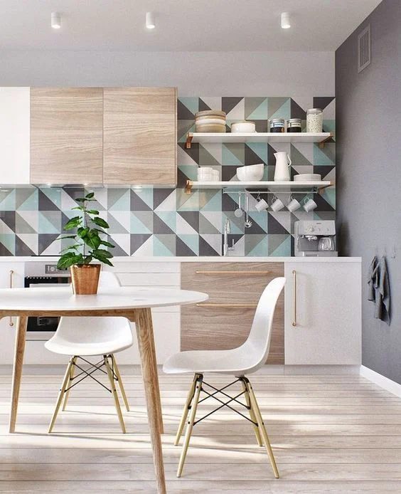 Modern Kitchen With White And Wood Modern Table, Accent Wall With Blue, Grey And White