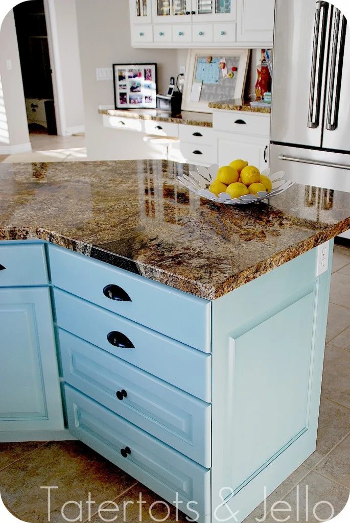 Tatertots and Jello, aqua and white kitchen remodel