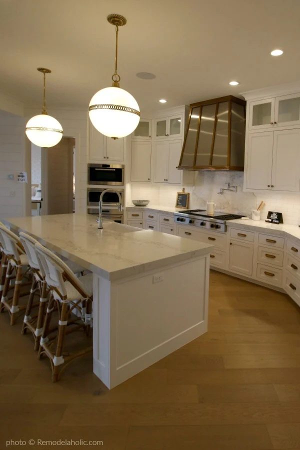 Modern Farmhouse Kitchen Island, Pendant Lighting, White Cabinets, White Backsplash, Copper Range Hood #Bekob