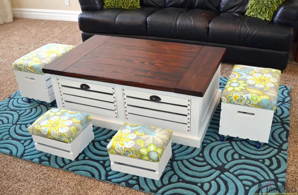 crate storage coffee table with stools Her Toolbelt