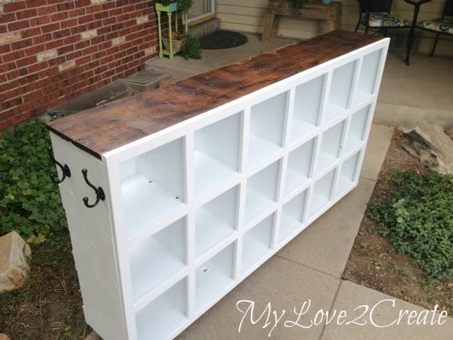 white cubby shelf with stained wood top My Love 2 Create