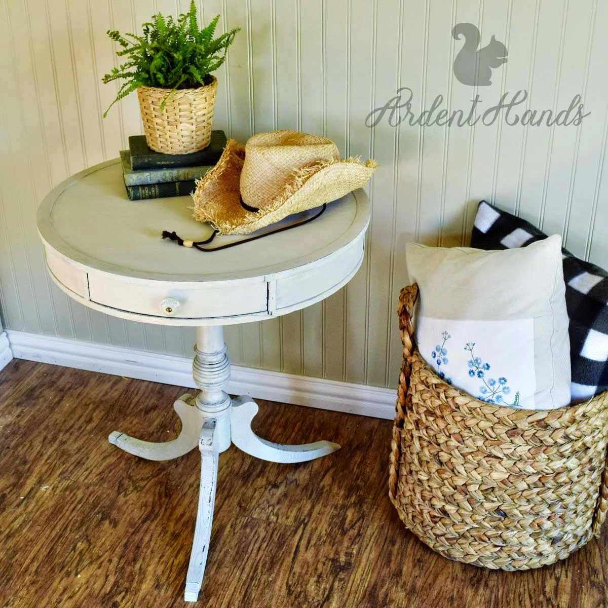 white painted drum table Ardent Hands Designs