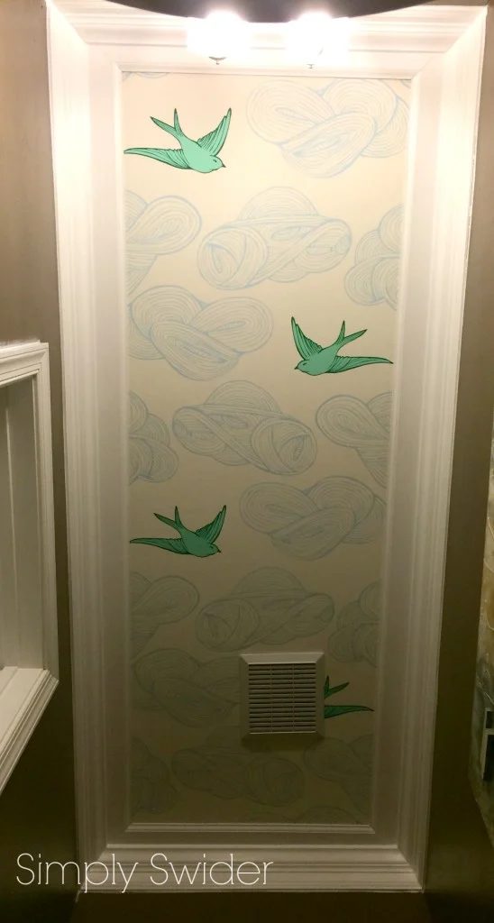 white crown molding and wallpapered bathroom ceiling Simply Swider