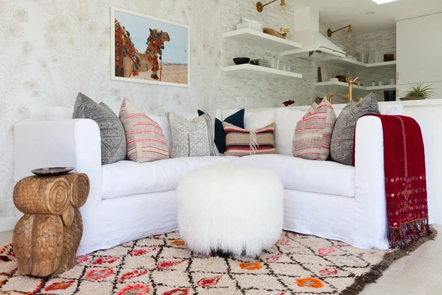 modern color southwest inspired living room area via Style Me Pretty, photo Amy Bartlam