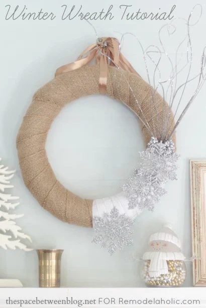 winter wreath with burlap and snowflakes made my thespacebetweenblog.net for Bekob.com