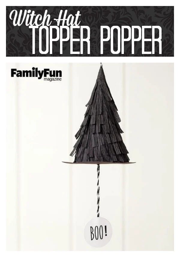 Packing the punch of piñatas without the mess and tears, these spellbinding little witch hats spill goodies when the tags are pulled. Create these straightforward Witch Hat Topper 