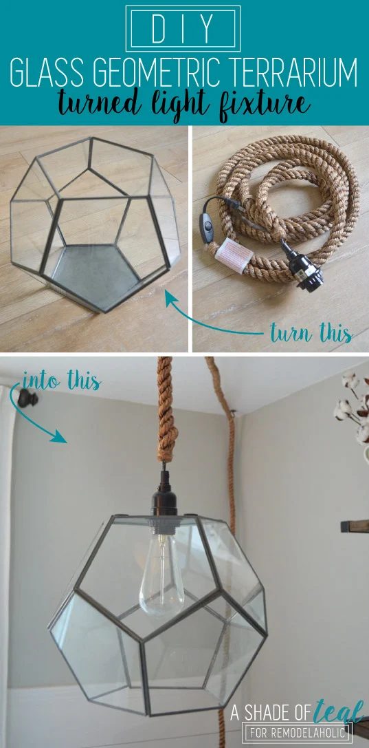Make your own designer-inspired geometric pendant light using a premade glass terrarium and a light kit. No electrician required!