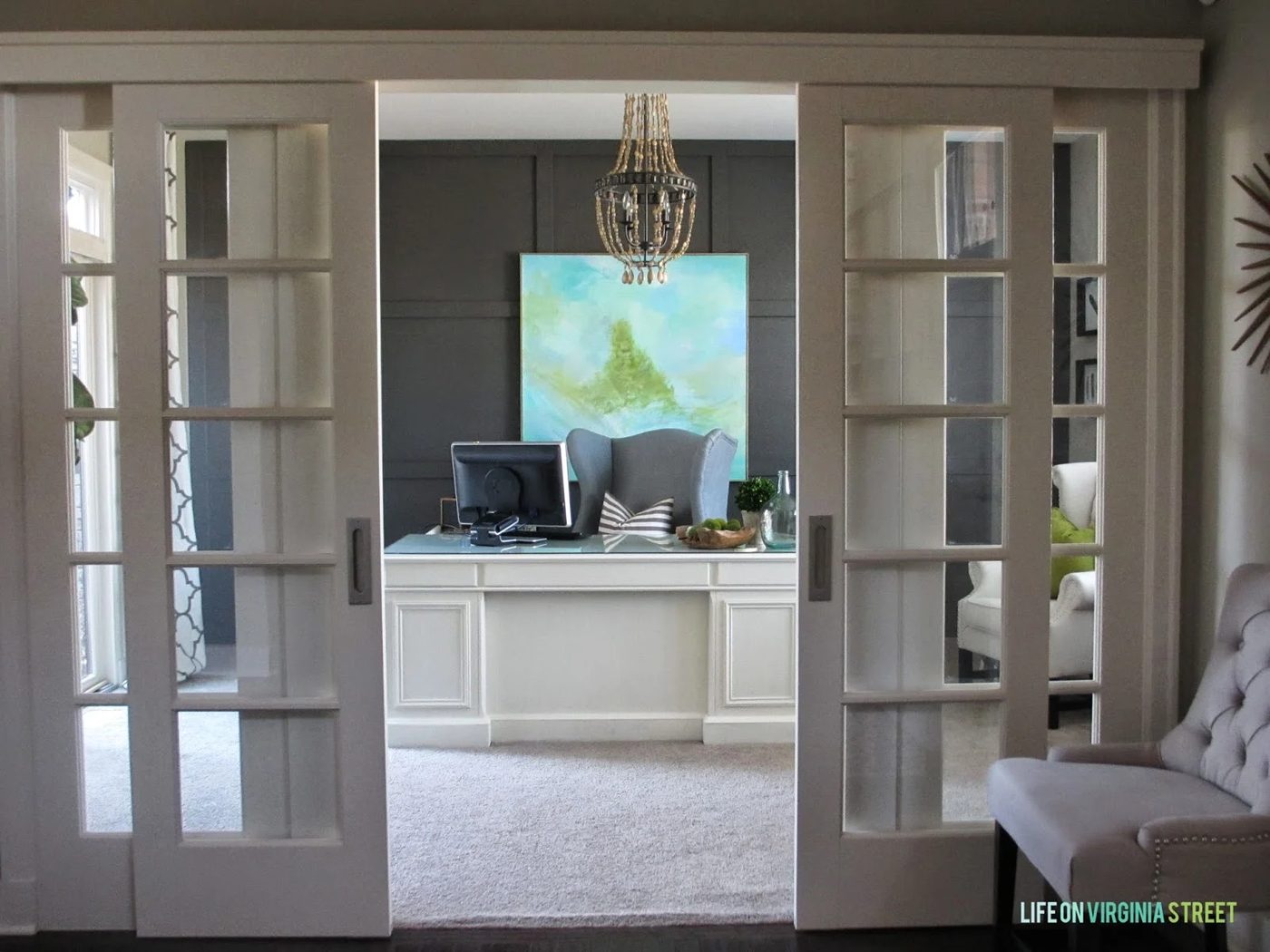 striking home office with board and batten and wood bead chandelier, Life on Virginia Street on Bekob