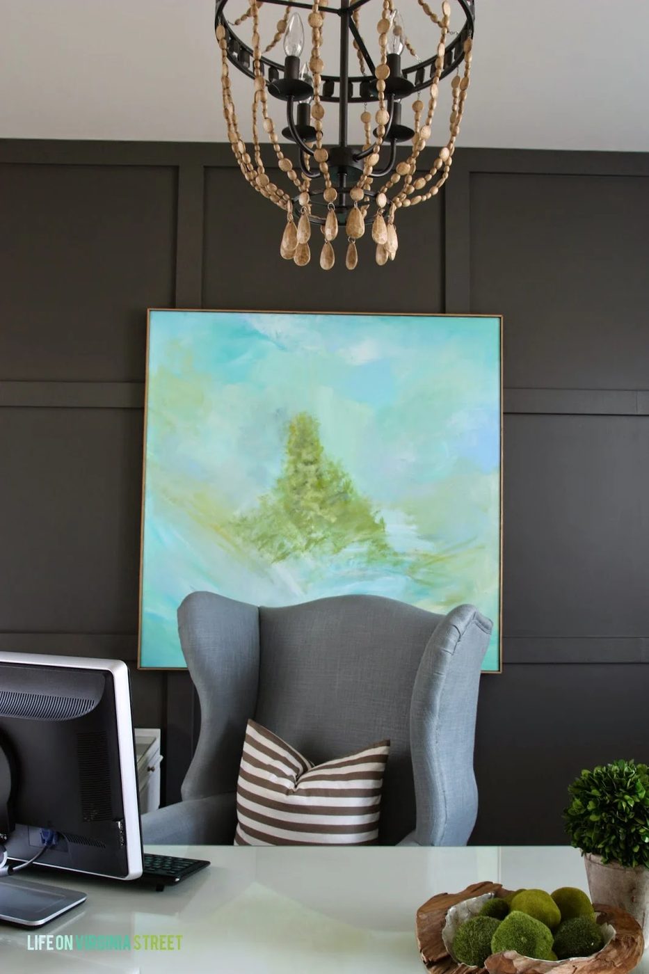 gray office with wood bead chandelier, Life on Virginia Street on Bekob
