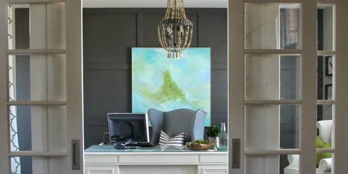 Home Office Makeover with Handmade Wood Bead Chandelier