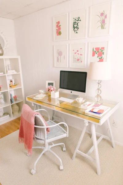 home office with gilded gold desk, Style Me Pretty