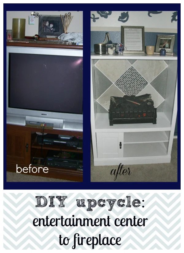 turn an entertainment center into a fireplace, Eat Pray Read Love