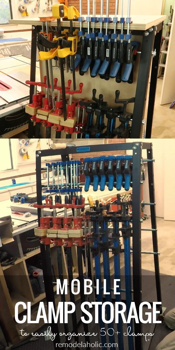 Organize your woodworking clamps and tools with this sturdy mobile clamp rack and tool storage system. well fitted for clamp storage and tool organization. #Bekob