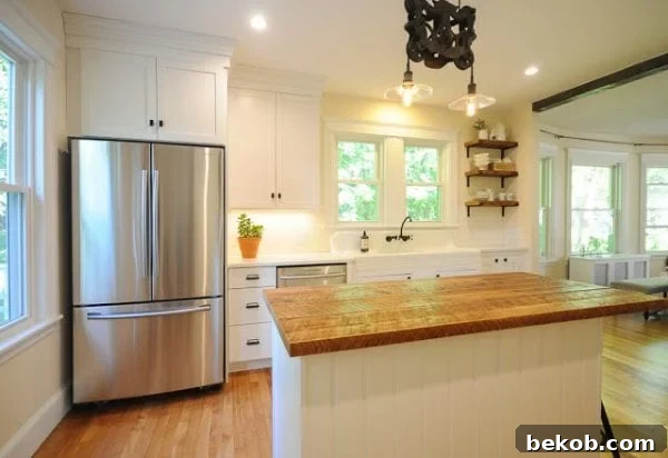 Bungalow Kitchen After Renovation with Reclaimed Wood and Open Shelves