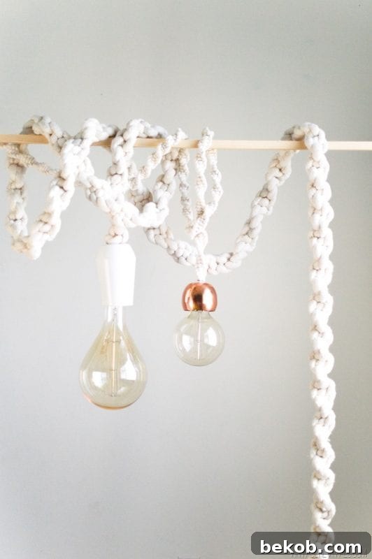 Giant Macramé Rope Lights from Vintage Revivals, creating a dramatic bohemian lighting statement.