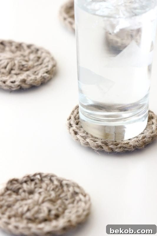 Simple Jute Twine Crocheted Coasters by Delia Creates, adding cozy texture and protecting surfaces.