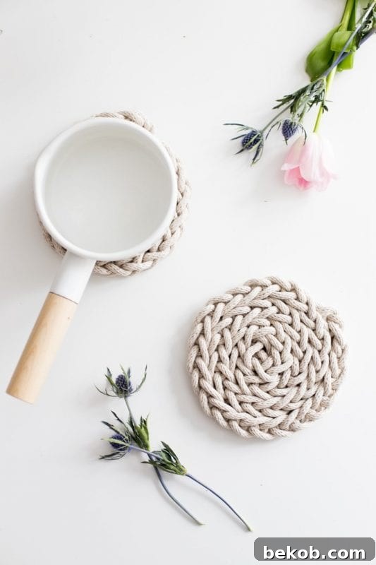 DIY Finger Knit Rope Trivet Tutorial by Flax & Twine, a no-needle crafting project.