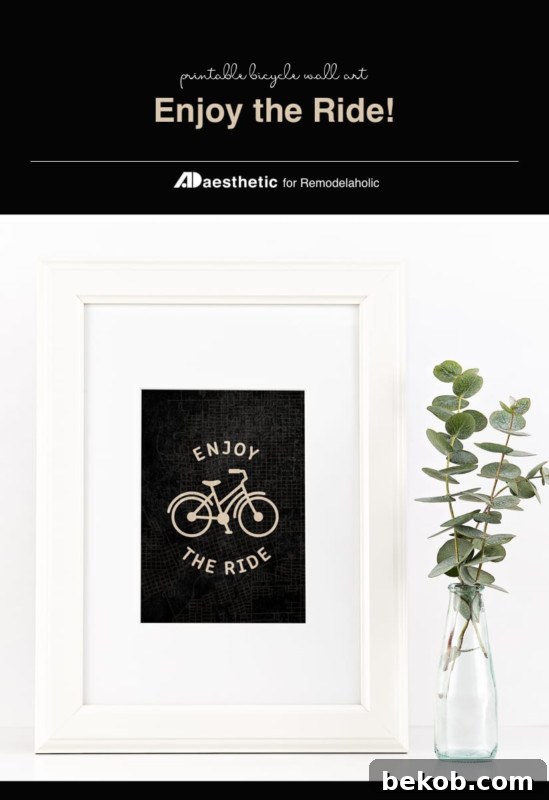 Printable Black and White Bicycle Cycling Wall Art, Enjoy The Ride